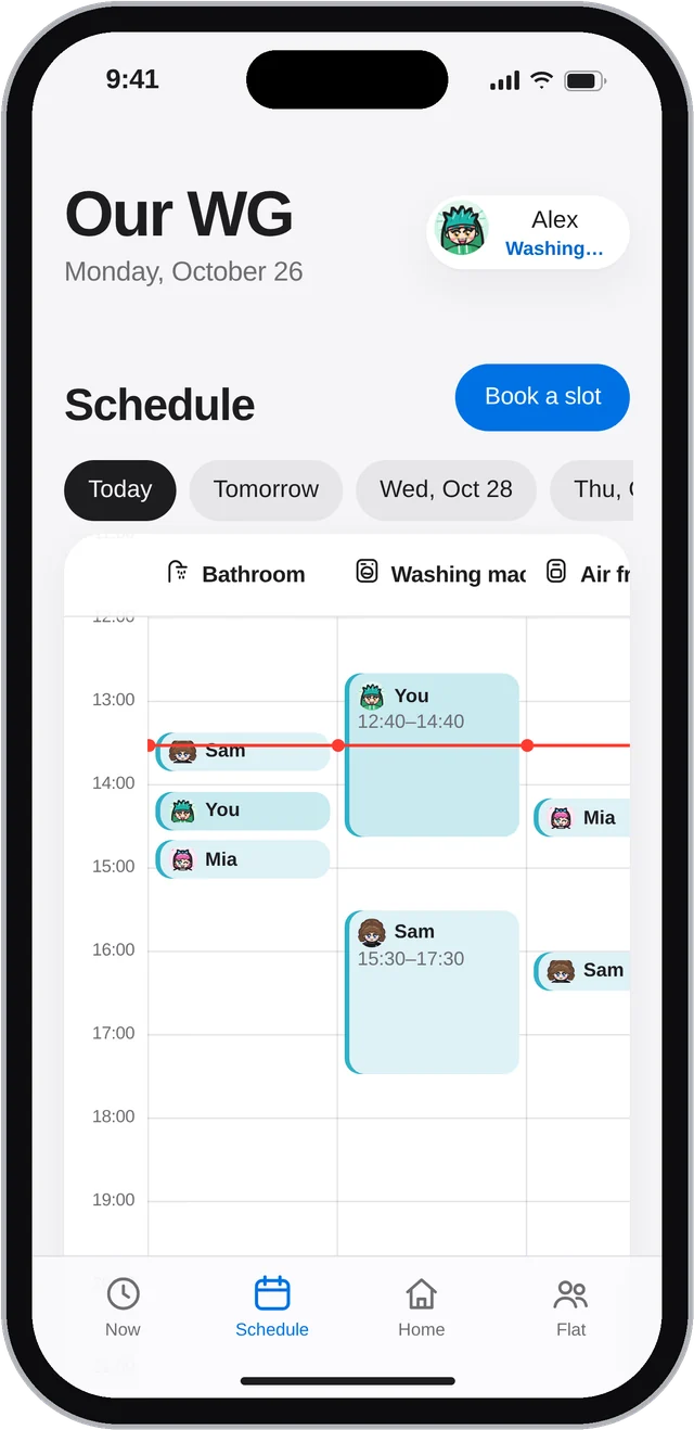 The schedule with bookings for the bathroom, washer and air fryer.